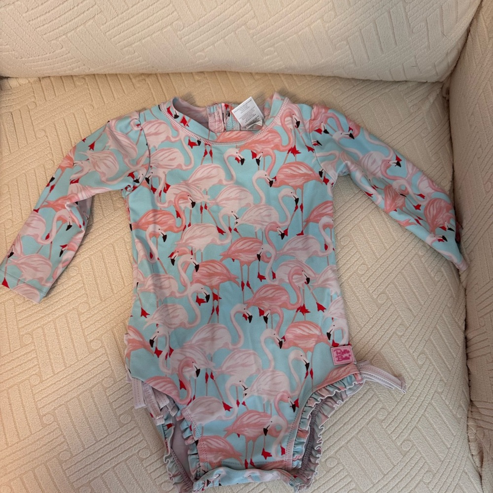 Kids Flamingo Print One Piece Swimsuit - Pink and Blue